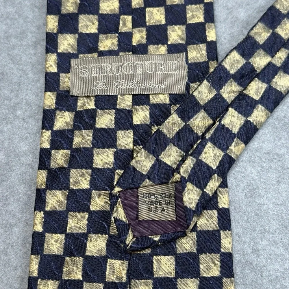 Vintage Structure Silk Tie Navy Gold Geometric USA‎ Made Classic